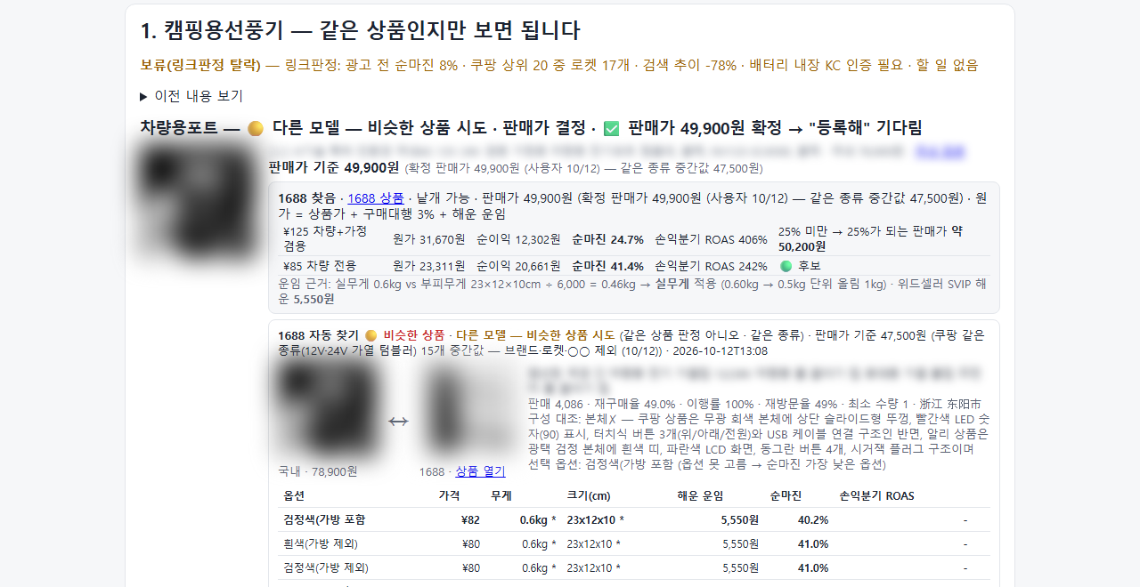 소싱 프로그램 아침 확인 화면: 상품별 판정, 1688 원가, 순마진, 손익분기 ROAS